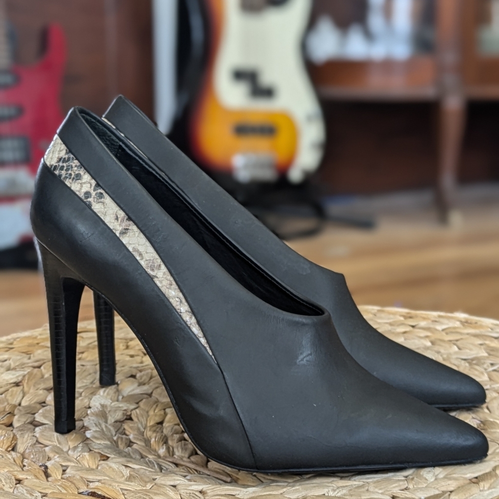 Tibi Lena Pumps Leather High Vamp Black Stilleto Heels Shoes Snakeskin Designer